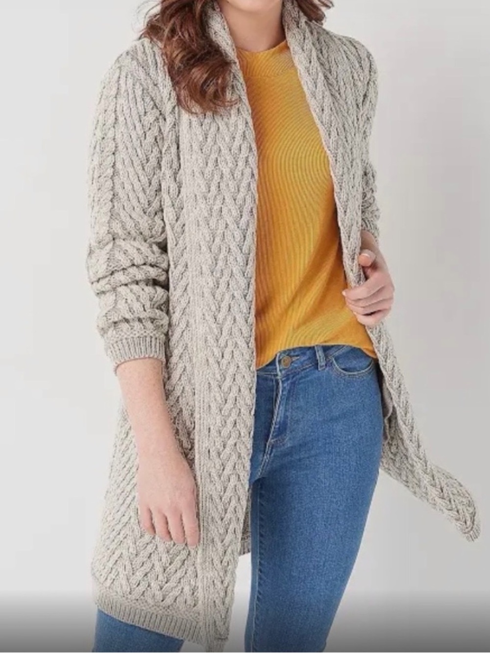 Aran Crafts Herringbone Cable Edge to Edge Longline Cardigan